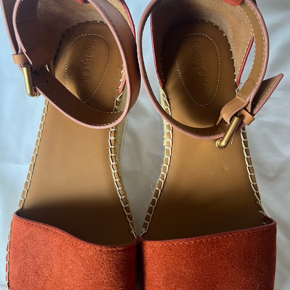 See By Chloe Rust Suede & Tan Espadrille Platform Wedges - Picture 2 of 5